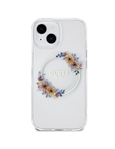 Véritable GUESS Case GUHMP15SHFWFCT pour iPhone 15 (Compatible avec Magsafe / Couronne de fleurs / transparent)