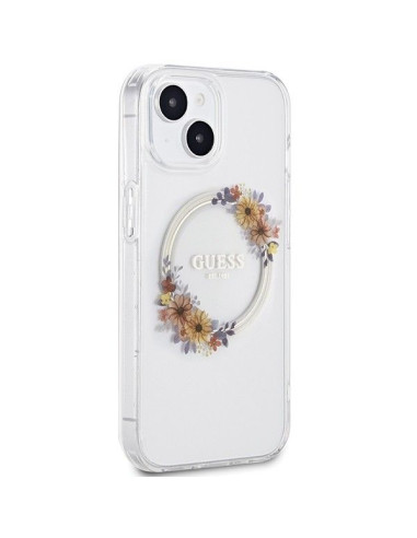 Véritable GUESS Case GUHMP15SHFWFCT pour iPhone 15 (Compatible avec Magsafe / Couronne de fleurs / transparent)