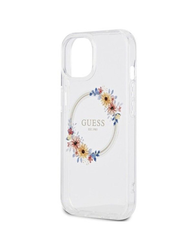 Véritable GUESS Case GUHMP15SHFWFCT pour iPhone 15 (Compatible avec Magsafe / Couronne de fleurs / transparent)