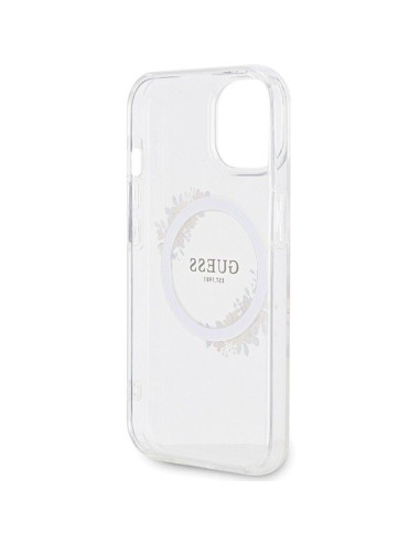 Véritable GUESS Case GUHMP15SHFWFCT pour iPhone 15 (Compatible avec Magsafe / Couronne de fleurs / transparent)