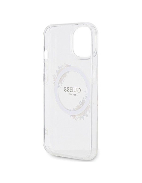 Véritable GUESS Case GUHMP15SHFWFCT pour iPhone 15 (Compatible avec Magsafe / Couronne de fleurs / transparent)