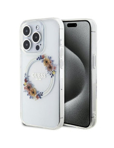 Véritable GUESS Case GUHMP15LHFWFCT pour iPhone 15 Pro (Compatible avec Magsafe / Flowers Wreath / transparent)