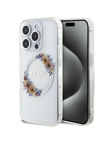 Véritable GUESS Case GUHMP15LHFWFCT pour iPhone 15 Pro (Compatible avec Magsafe / Flowers Wreath / transparent)
