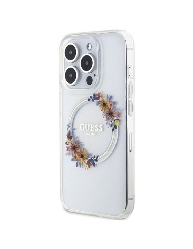 Véritable GUESS Case GUHMP15LHFWFCT pour iPhone 15 Pro (Compatible avec Magsafe / Flowers Wreath / transparent)