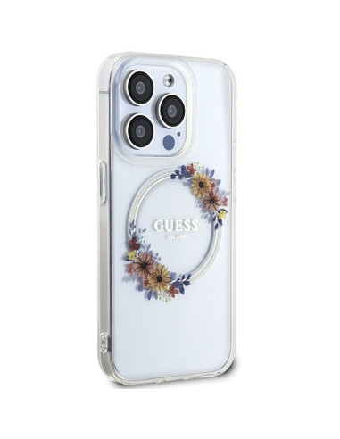 Véritable GUESS Case GUHMP15LHFWFCT pour iPhone 15 Pro (Compatible avec Magsafe / Flowers Wreath / transparent)