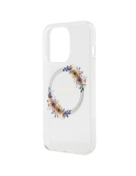 Véritable GUESS Case GUHMP15LHFWFCT pour iPhone 15 Pro (Compatible avec Magsafe / Flowers Wreath / transparent)
