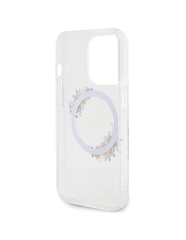 Véritable GUESS Case GUHMP15LHFWFCT pour iPhone 15 Pro (Compatible avec Magsafe / Flowers Wreath / transparent)