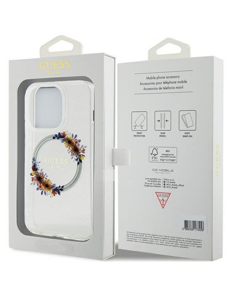Véritable GUESS Case GUHMP15LHFWFCT pour iPhone 15 Pro (Compatible avec Magsafe / Flowers Wreath / transparent)