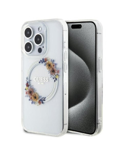 Véritable Case GUESS GUHMP15XHFWFCT pour iPhone 15 Pro Max (Compatible avec Magsafe / Flowers Wreath / transparent)