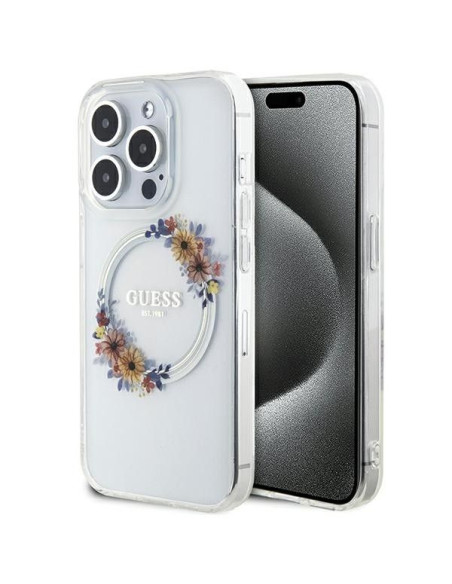 Véritable Case GUESS GUHMP15XHFWFCT pour iPhone 15 Pro Max (Compatible avec Magsafe / Flowers Wreath / transparent)