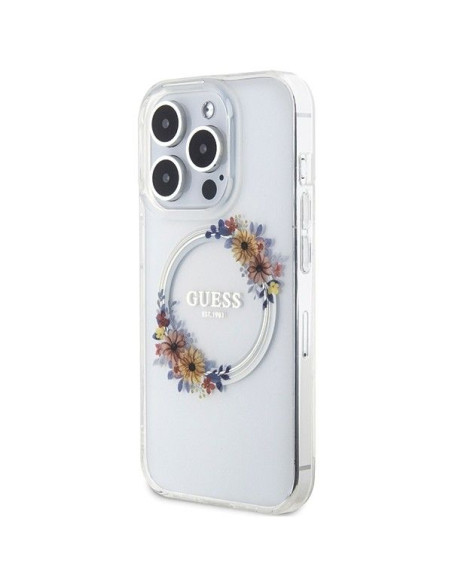 Véritable Case GUESS GUHMP15XHFWFCT pour iPhone 15 Pro Max (Compatible avec Magsafe / Flowers Wreath / transparent)