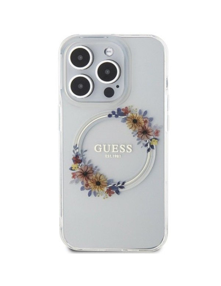 Véritable Case GUESS GUHMP15XHFWFCT pour iPhone 15 Pro Max (Compatible avec Magsafe / Flowers Wreath / transparent)