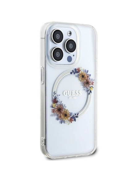 Véritable Case GUESS GUHMP15XHFWFCT pour iPhone 15 Pro Max (Compatible avec Magsafe / Flowers Wreath / transparent)