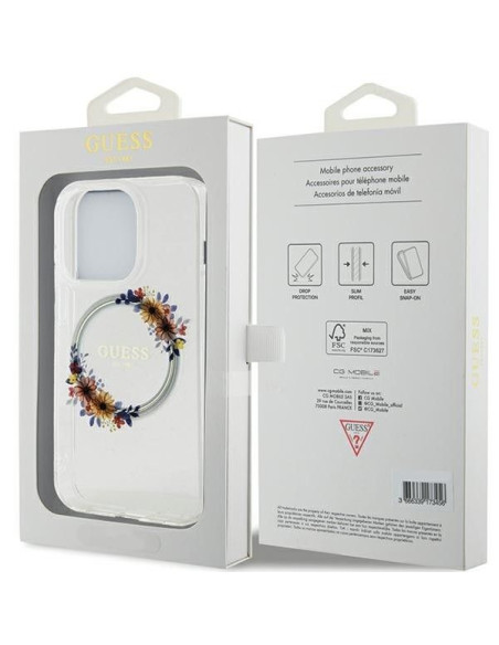 Véritable Case GUESS GUHMP15XHFWFCT pour iPhone 15 Pro Max (Compatible avec Magsafe / Flowers Wreath / transparent)