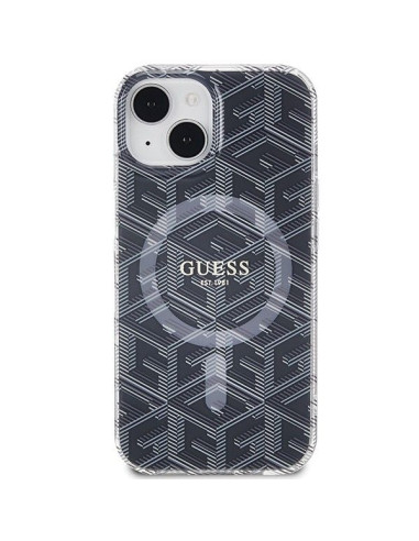 Véritable GUESS Case GUHMP15SHGCUSTGK pour iPhone 15 (Compatible avec Magsafe / IML GCUBE / noir)