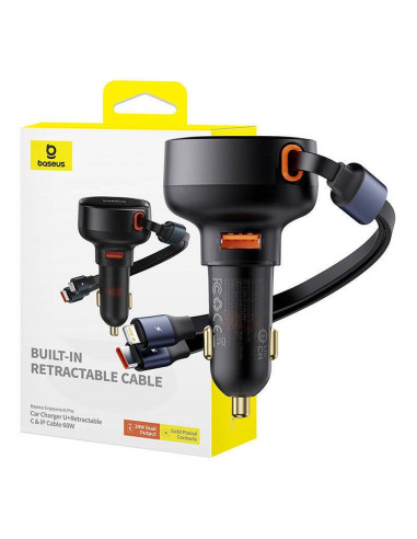 BASEUS Chargeur de voiture USB A + câble rétractable 2-en-1 Type C / Lightning PD3.0 QC4.0 3A 60W CCTXP-UCL noir