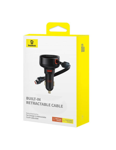 BASEUS Chargeur de voiture USB A + câble rétractable 2-en-1 Type C / Lightning PD3.0 QC4.0 3A 60W CCTXP-UCL noir