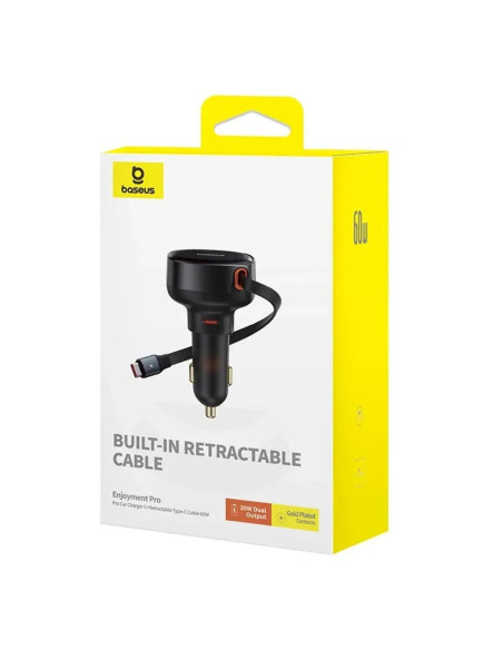 BASEUS chargeur de voiture Type C + câble rétractable Type C PD3.0 QC4.0 3A 60W CCTXP-CCL / C00057802111-01 noir