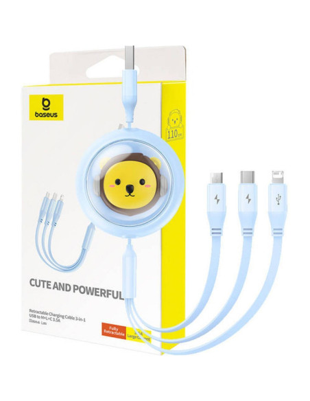 BASEUS 3-in-1 USB A vers Micro USB / Lightning / Type C 3.5A câble rétractable CB000063 1.1m bleu