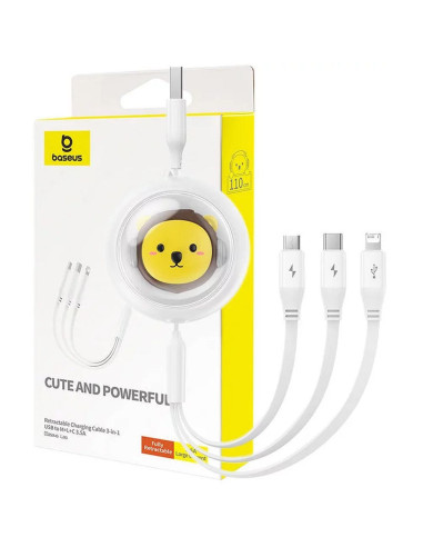 BASEUS 3-in-1 USB A vers Micro USB / Lightning / Type C 3,5A câble rétractable CB000063 1,1 m blanc