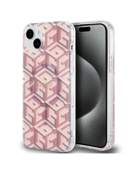 Véritable GUESS Case GUHMP15SHGCUSTGP pour iPhone 15 (Compatible avec Magsafe / IML GCUBE / pink)
