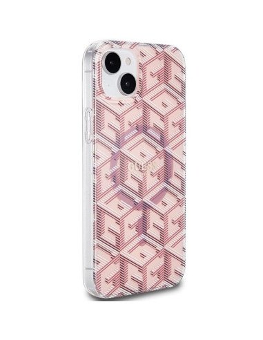 Véritable GUESS Case GUHMP15SHGCUSTGP pour iPhone 15 (Compatible avec Magsafe / IML GCUBE / pink)