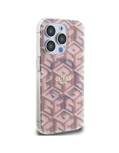 Véritable Case GUESS GUHMP15LHGCUSTGP pour iPhone 15 Pro (Compatible avec Magsafe / IML GCUBE / rose)