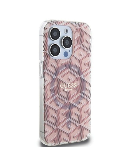 Véritable Case GUESS GUHMP15LHGCUSTGP pour iPhone 15 Pro (Compatible avec Magsafe / IML GCUBE / rose)