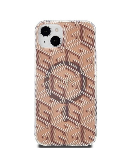 Véritable GUESS Case GUHMP15SHGCUSTGW pour iPhone 15 (Compatible avec Magsafe / IML GCUBE / brown)
