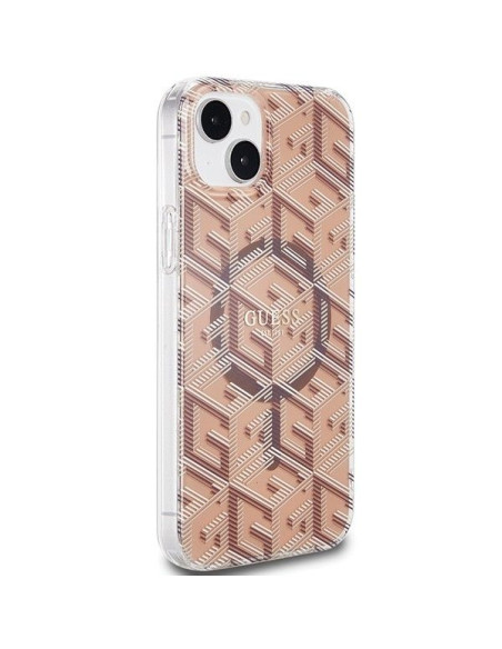 Véritable GUESS Case GUHMP15SHGCUSTGW pour iPhone 15 (Compatible avec Magsafe / IML GCUBE / brown)