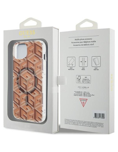 Véritable GUESS Case GUHMP15SHGCUSTGW pour iPhone 15 (Compatible avec Magsafe / IML GCUBE / brown)