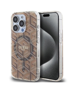 Véritable GUESS Case GUHMP15LHGCUSTGW pour iPhone 15 Pro (Compatible avec Magsafe / IML GCUBE / marron)