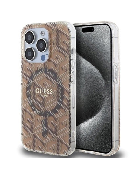 Véritable GUESS Case GUHMP15LHGCUSTGW pour iPhone 15 Pro (Compatible avec Magsafe / IML GCUBE / marron)