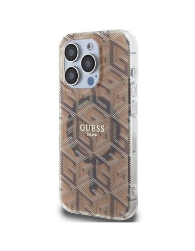 Véritable GUESS Case GUHMP15LHGCUSTGW pour iPhone 15 Pro (Compatible avec Magsafe / IML GCUBE / marron)