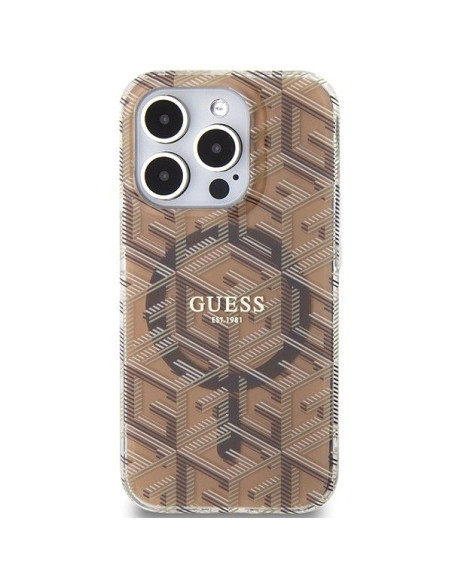 Véritable GUESS Case GUHMP15LHGCUSTGW pour iPhone 15 Pro (Compatible avec Magsafe / IML GCUBE / marron)