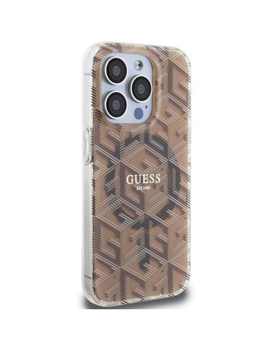 Véritable GUESS Case GUHMP15LHGCUSTGW pour iPhone 15 Pro (Compatible avec Magsafe / IML GCUBE / marron)