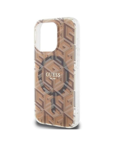 Véritable GUESS Case GUHMP15LHGCUSTGW pour iPhone 15 Pro (Compatible avec Magsafe / IML GCUBE / marron)