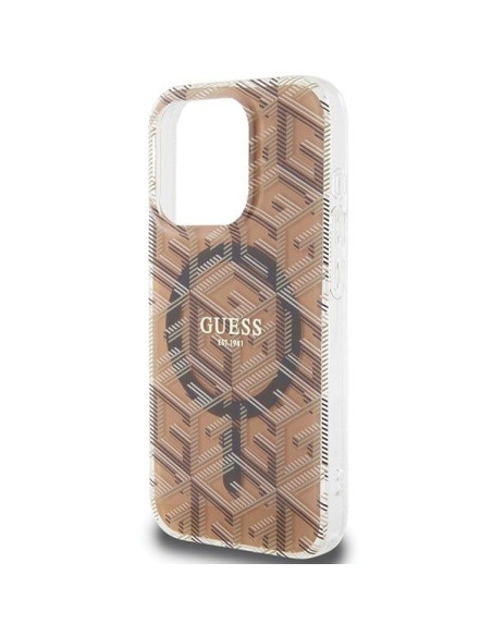 Véritable GUESS Case GUHMP15LHGCUSTGW pour iPhone 15 Pro (Compatible avec Magsafe / IML GCUBE / marron)