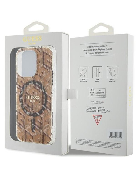 Véritable GUESS Case GUHMP15LHGCUSTGW pour iPhone 15 Pro (Compatible avec Magsafe / IML GCUBE / marron)