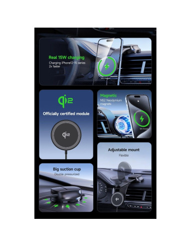 DUZZONA V4 - Support voiture à induction pour carte compatible avec la recharge MagSafe 15W et Qi2 noir