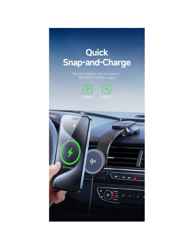 DUZZONA V4 - Support voiture à induction pour carte compatible avec la recharge MagSafe 15W et Qi2 noir