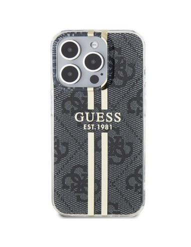 Véritable GUESS Case GUHCP15LH4PSEGK pour iPhone 15 Pro (4G Gold Stripe / Black)