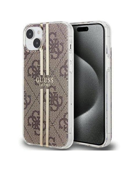 Véritable GUESS Case GUHCP15SH4PSEGW pour iPhone 15 (4G Gold Stripe / Brown)