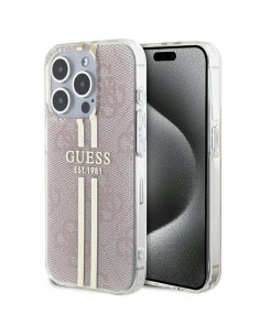 Véritable GUESS Case GUHCP15LH4PSEGP pour iPhone 15 Pro (4G Gold Stripe / Pink)