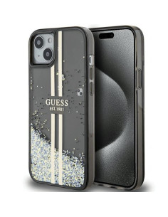 Véritable GUESS Case GUHCP15SLFCSEGK pour iPhone 15 (Liquid Glitter Gold Stripes / Black)