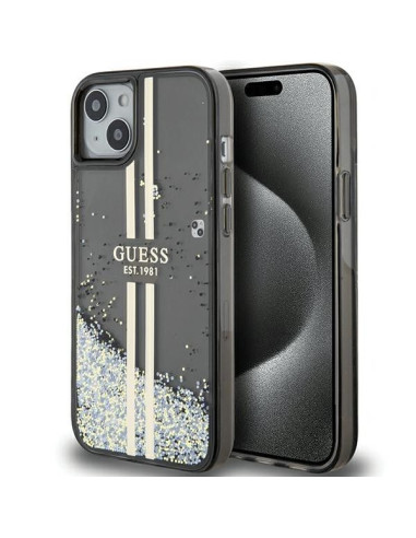 Véritable GUESS Case GUHCP15SLFCSEGK pour iPhone 15 (Liquid Glitter Gold Stripes / Black)