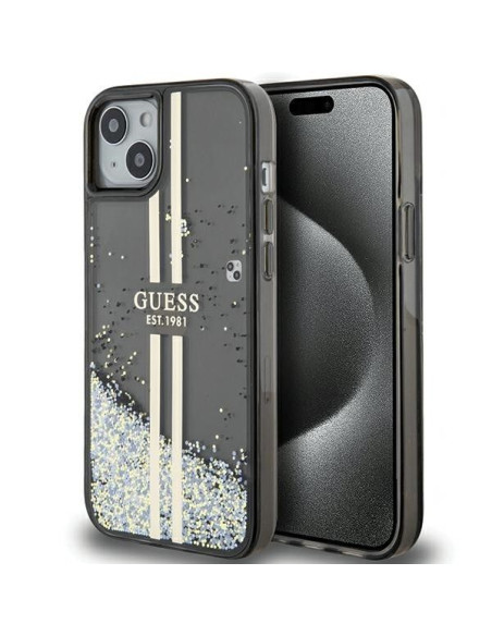 Véritable GUESS Case GUHCP15SLFCSEGK pour iPhone 15 (Liquid Glitter Gold Stripes / Black)