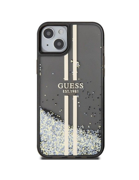 Véritable GUESS Case GUHCP15SLFCSEGK pour iPhone 15 (Liquid Glitter Gold Stripes / Black)