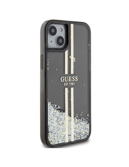 Véritable GUESS Case GUHCP15SLFCSEGK pour iPhone 15 (Liquid Glitter Gold Stripes / Black)