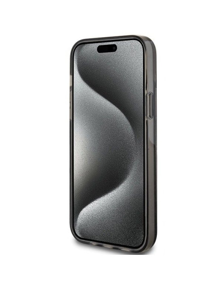 Véritable GUESS Case GUHCP15SLFCSEGK pour iPhone 15 (Liquid Glitter Gold Stripes / Black)